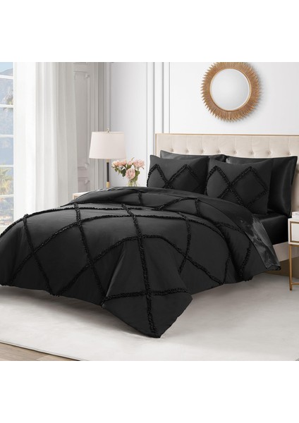 Couture Yorgan Seti - Fırfır 3 Parça Yıkanabilir Ters Çevrilebilir Yatak Yorgan Seti, Siyah