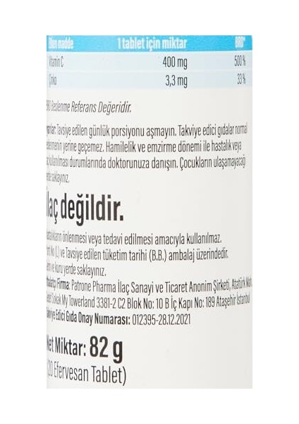 Energia Çinko & Vitamin C (400 Mg) Efervesan Tablet Takviye Edici Gıda fiyatları