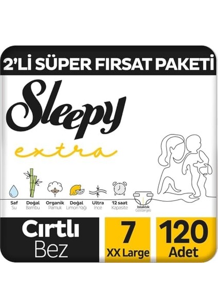Sleepy Extra Günlük Aktivite 2'li Fırsat Paketi Bebek Bezi 7 Numara Xxlarge 120 Adet fiyatları