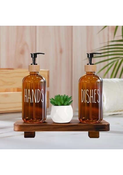 Cam Dispenser Seti – 2’li Şişe (Hands & Dishes Etiketli), Bambu Kapaklı, Sıvı Sabun & Deterjan Pompası modelleri