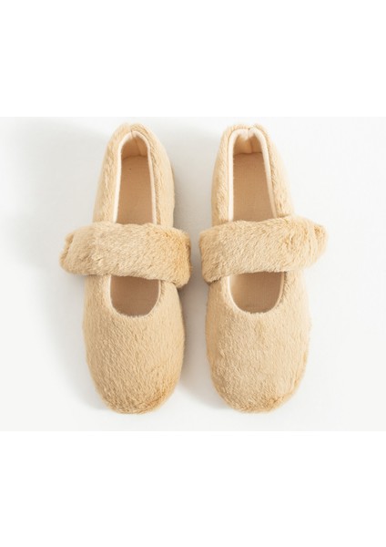 Krem Peluş Kışlık Düz Taban Kadın Babet FT3939 modelleri