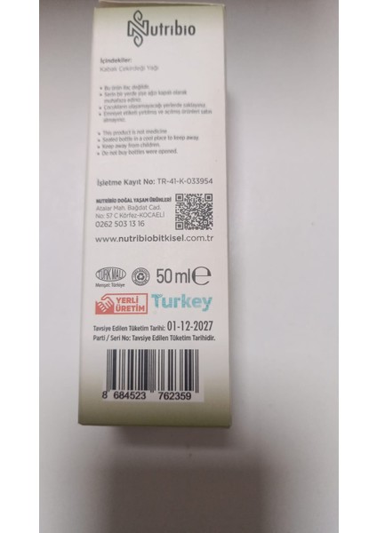 Soğuk Sıkım Kabak Çekirdeği Yağı 50ML fiyatları