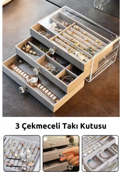 Modern Gri 3 Çekmeceli Takı Bijuteri Mücevher Kutusu Organizer Düzenleyici Şeffaf 13 x 23 x 10 cm fiyatları
