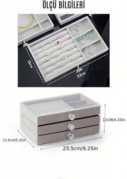 Modern Gri 3 Çekmeceli Takı Bijuteri Mücevher Kutusu Organizer Düzenleyici Şeffaf 13 x 23 x 10 cm modelleri
