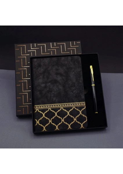 Gold Desen Siyah Deri Defter Kalem Set