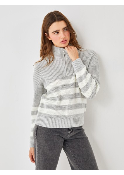 Yeni Sezon Dik Yaka Çizgili Kadın Triko Kazak