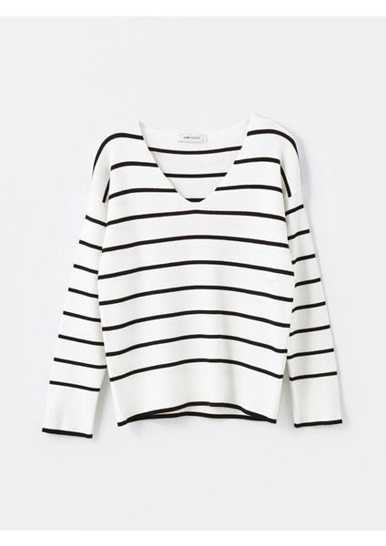 Yeni Sezon V Yaka Çizgili Uzun Kollu Kadın Triko Kazak fırsatları