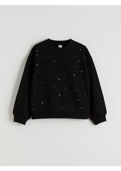 Yeni Sezon Bisiklet Yaka Taşlı Kız Çocuk Sweatshirt