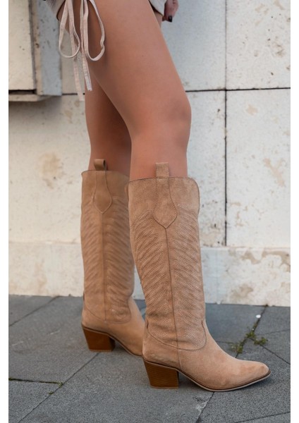 Marvett Kadın Kovboy Çizme Camel Süet