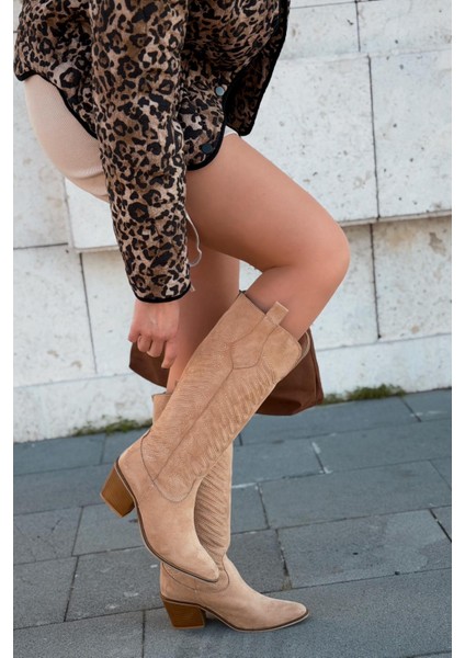 Marvett Kadın Kovboy Çizme Camel Süet modelleri