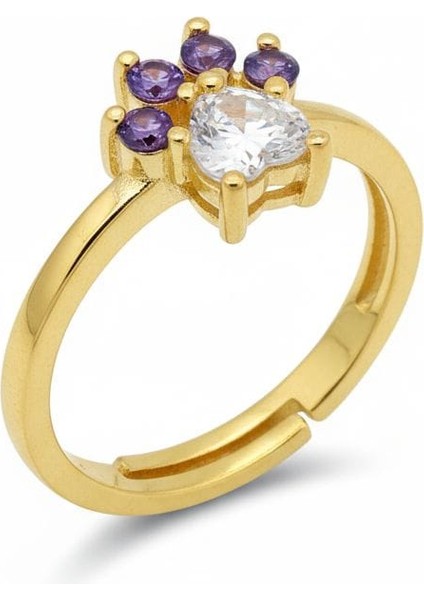 Zirkon Taşlı Sevimli Pati Tasarım 925 Ayar Gümüş Yüzük (Ayarlanabilir)