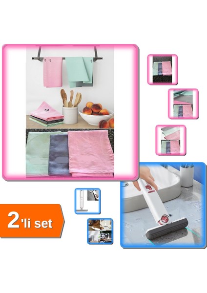 3 Adet Mikrofiber Temizlik Bezi 40X60 cm + Mini Mop Cam Fayans Temizlik - 2li Set H0J7E7