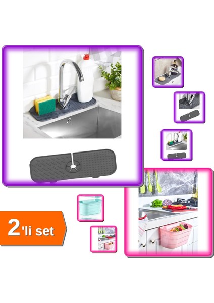 Esnek Musluk Lavabo Matı Su Tutucu + Dolap Kapağı Organizeri Tezgah Çöp Kutusu - 2li Set E2M1R3
