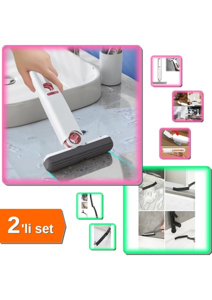 Kendinden Sıkmalı Mini Mop Cam Fayans + Ince Kıl Temizlik Fırçası - 2li Set S1D6B5