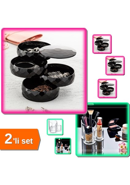 360 Derece Dönebilen 4 Katlı Takı + Makyaj Organizeri Şeffaf 3 Gözlü - 2li Set S1E7B9