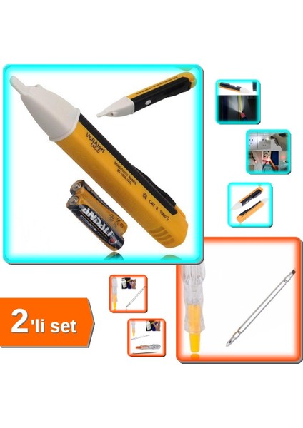 Dedektörlü Temassız Işıklı Dijital Kontrol Kalemi + Çift Uçlu Kontrol Kalemi - 2li Set D2N6Q8