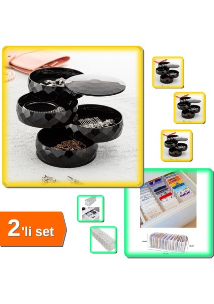360 Derece Dönebilen Takı Organizer 4 Katlı + 11 Gözlü Çekmece Düzenleyici - 2li Set G2F4N0