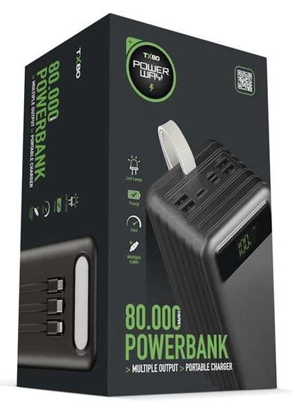 Powerway TX80 80.000MAH Kablolu Dijital Göstergeli Gerçek Fener Işıklı Kamp Siyah Powerbank indirimleri