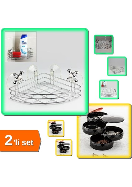 Banyo Organizeri Vantuzlu Köşe + 360 Derece Dönebilen Takı 4 Katlı Organizer - 2li Set Q0Z2Q6