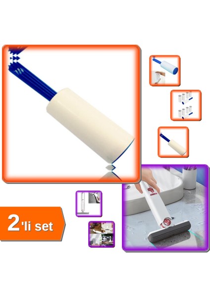 10 Adet Tüy Toplama Rulosu + Kendinden Sıkmalı Mini Mop Cam Fayans - 2li Set Q6E3X0