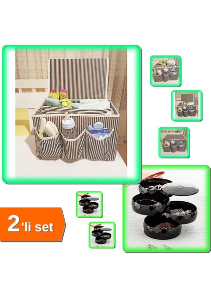5 Bölmeli Kapaklı Beşik Düzenleyici + 360 Derece Dönebilen 4 Katlı Takı Toka Organizer - 2li Set F5E