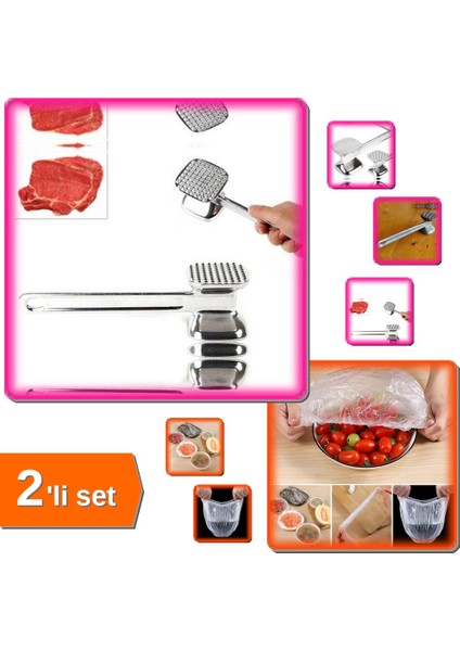 Çelik Et Dövme Aparatı + 100 Adet Tazeliği Koruyan Tencere ve Tabak Bonesi - 2li Set E2D6S6