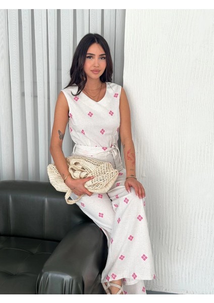 Sptrns Sırt Dekolteli Keten Beyaz Tulum S1036 (Beden: L) fırsatları