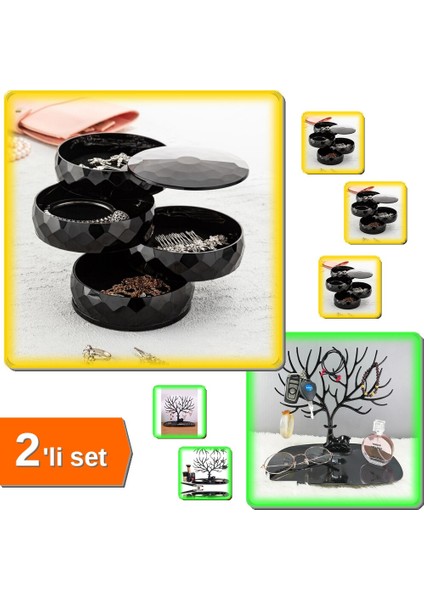 Siyah 4 Katlı Dönebilen Takı Organizer + Siyah Geyik Tasarımlı Mücevher Düzenleyici - 2li Set Z7K2R8