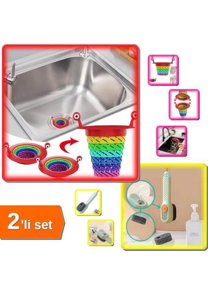 Renkli Lavabo Filtreesi Süzgeci + Çok Amaçlı Deterjan Hazneli Fırça - 2li Set F9G7E8