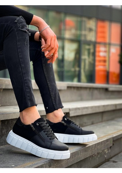 Yzlal KB-X155 Kuback Siyah Cilt Siyah Süet Detaylı Beyaz Yüksek Taban Günlük Spor Ayakkabı (Numara: 43)