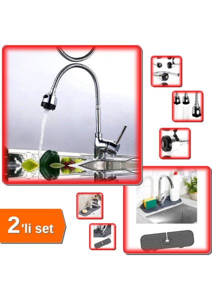 Oynar Başlıklı 2 Fonksiyonlu Spiral Musluk Başlığı + Esnek Musluk Lavabo Matı - 2li Set A8A1C6