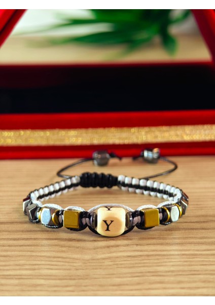 Makrome Örme Bileklik El Yapımı Kişiye Özel Harfli Bileklik Doğal Taş Hematit Bileklik fırsatları