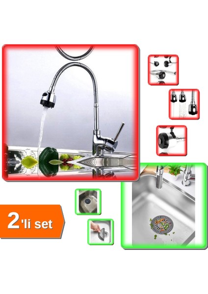 Oynar Başlıklı 2 Fonksiyonlu Spiral Musluk + Silikon Mutfak Lavabo Süzgeci - 2li Set X0D9Z9