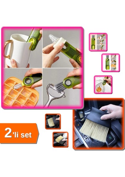 3 Adet Fonksiyonlu Çok Amaçlı Temizlik Fırçası + Araç Detaylı Temizlik Fırçası - 2li Set K8B6D8