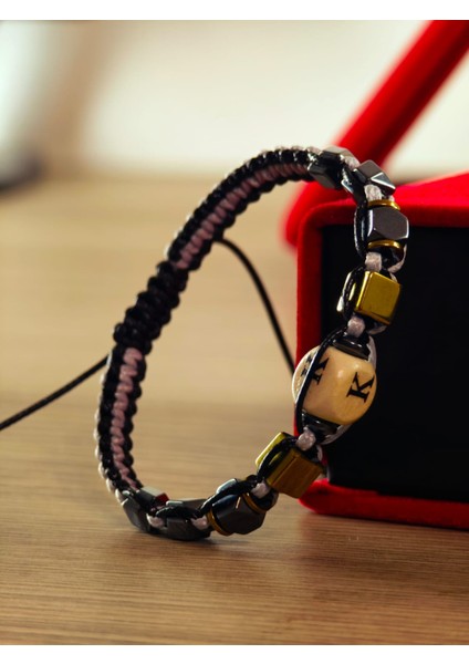 Makrome Örme Bileklik El Yapımı Kişiye Özel Harfli Bileklik Doğal Taş Hematit Bileklik