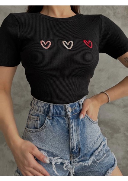 Sptrns Üçlü Kalp Nakışlı Bluz Siyah (Beden: Standart) modelleri