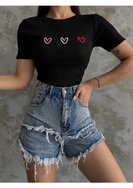 Sptrns Üçlü Kalp Nakışlı Bluz Siyah (Beden: Standart) fırsatları