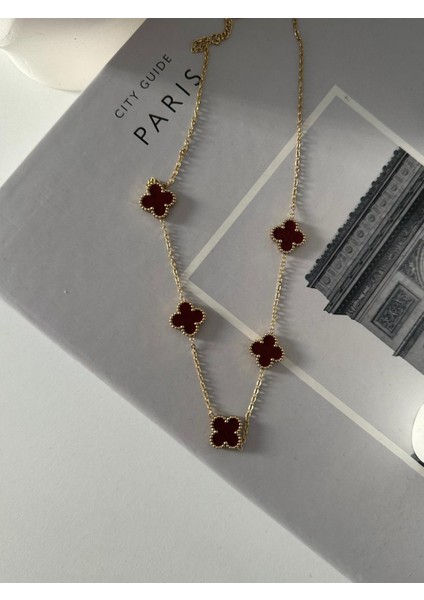 316L Çelik Gold Renk Zincir Bordo Yonca Kadın Kolye
