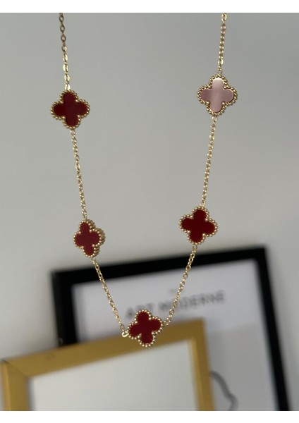 316L Çelik Gold Renk Zincir Bordo Yonca Kadın Kolye fiyatları