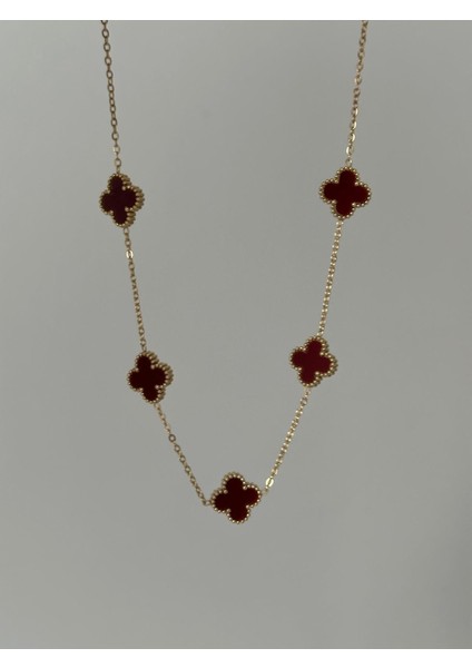 316L Çelik Gold Renk Zincir Bordo Yonca Kadın Kolye indirimleri