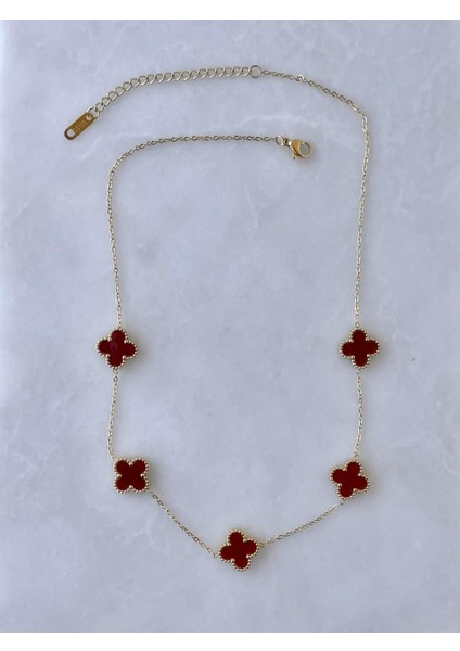316L Çelik Gold Renk Zincir Bordo Yonca Kadın Kolye