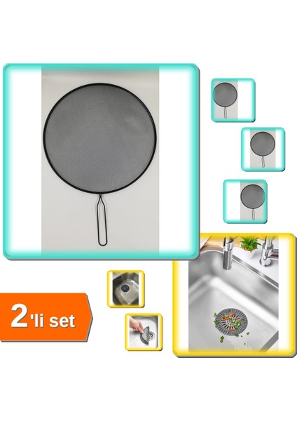 Yağ Sıçratmaz Kapak 30 cm + Yuvarlak Silikon Gider Süzgeci - 2li Set S9C9U9