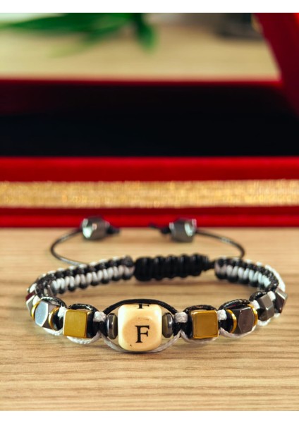 Makrome Örme Bileklik El Yapımı Kişiye Özel Harfli Bileklik Doğal Taş Hematit Bileklik