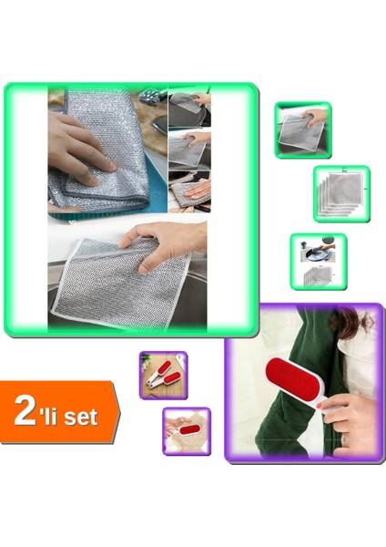 3 Adet Çok Fonksiyonlu Çizmeyen Tel Bulaşık Bezi + Çift Taraflı Toz Alma Fırçası - 2li Set F4C8V3
