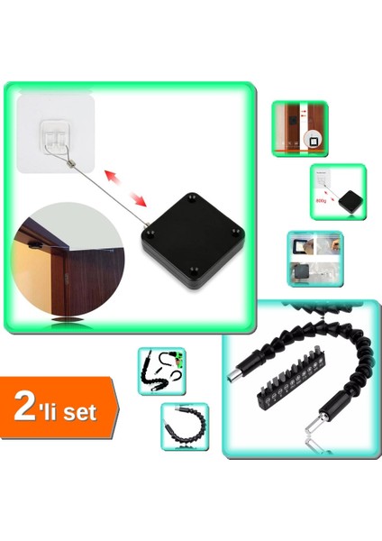 Otomatik Kapı Kapatma Aparatı + Bükülebilir Matkap Ucu Uzatma - 10 Adet Tornavida Ucu - 2li Set Z1M3