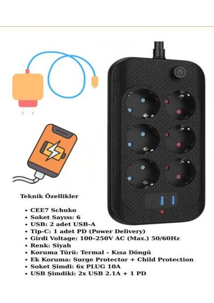 Akım Korumalı 6’lı Priz 2 Usb-A + 1 Usb-C Çıkışlı Isıya Dayanıklı Çoklu Akıllı Priz