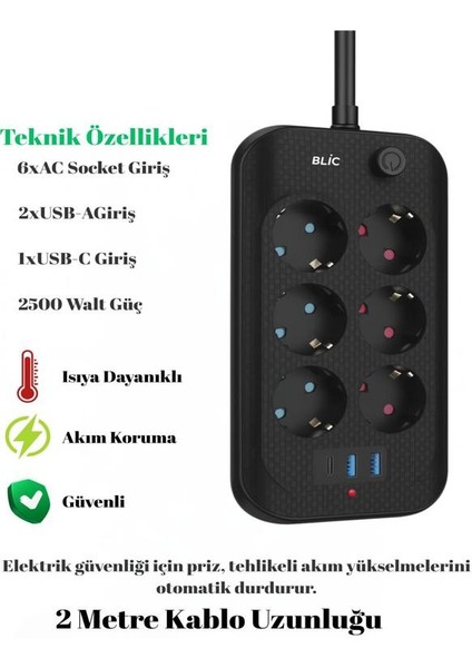 Akım Korumalı 6’lı Priz 2 Usb-A + 1 Usb-C Çıkışlı Isıya Dayanıklı Çoklu Akıllı Priz fiyatları