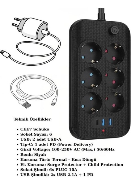 Akım Korumalı 6’lı Priz 2 Usb-A + 1 Usb-C Çıkışlı Isıya Dayanıklı Çoklu Akıllı Priz modelleri