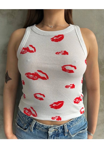 Sptrns Öpücük Baskılı Bluz Beyaz (Beden: Standart)