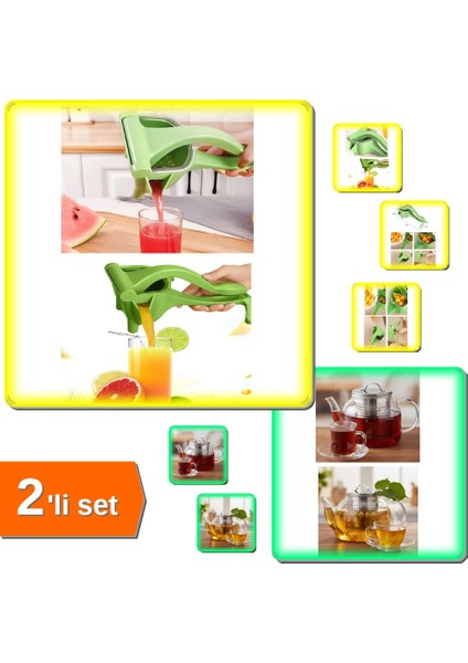 Manuel Meyve Sıkacağı Portakal Karpuz + Çay Süzgeci Büyük Boy Paslanmaz Çelik - 2li Set E3G4B2